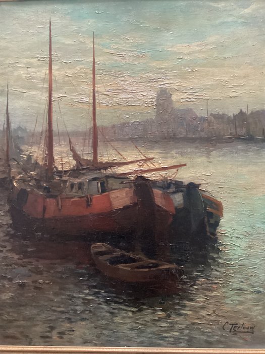 Kees Terlouw (1890-1949) - Lastensegler im abendlichen Hafen