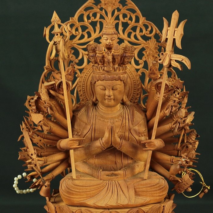 Senju Kannon 千手観音 (Thousand Armed Avalokiteshwara) Wood Carving Statue Sculpture - Statue Træ - Japan  (Ingen mindstepris)