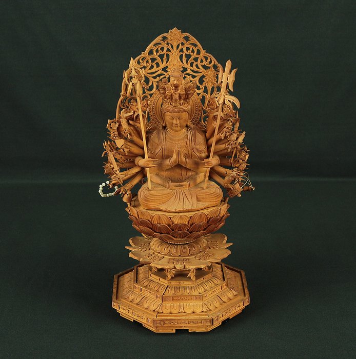 Senju Kannon 千手観音 (Thousand Armed Avalokiteshwara) Wood Carving Statue Sculpture - Statue Træ - Japan  (Ingen mindstepris)