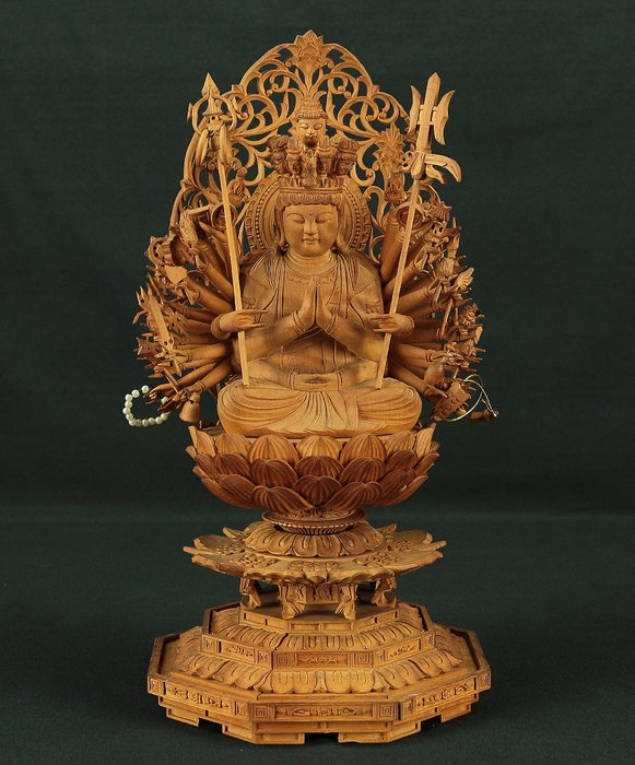 Senju Kannon 千手観音 (Thousand Armed Avalokiteshwara) Wood Carving Statue Sculpture - Statue Træ - Japan  (Ingen mindstepris)