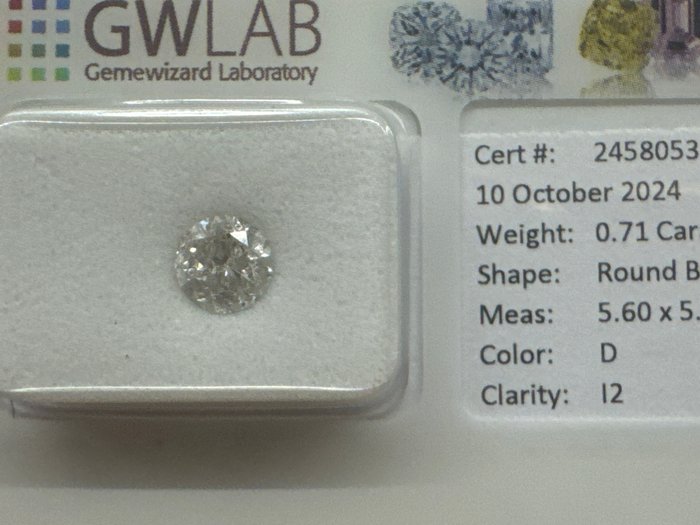 Ingen mindstepris - 1 pcs Diamant  (Natur)  - 0.71 ct - Rund - D (farveløs) - I2 - Gemewizard Gemological Laboratory (GWLab)