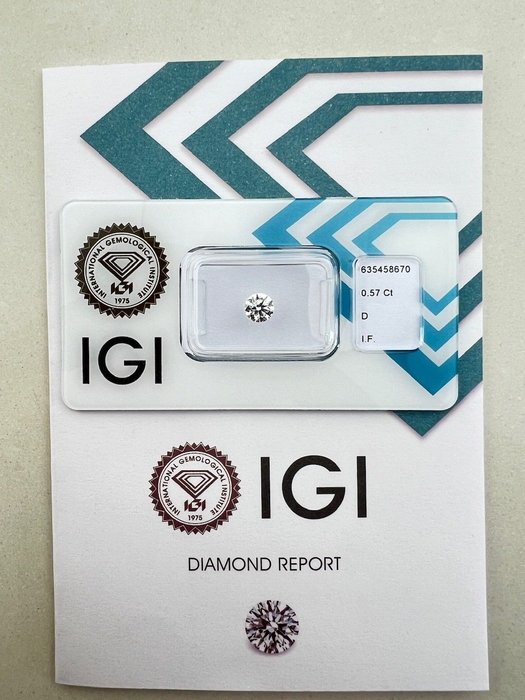 1 pcs Diamant  (Natur)  - 057 ct - Rund - D (farveløs) - IF - International Gemological Institute (IGI)