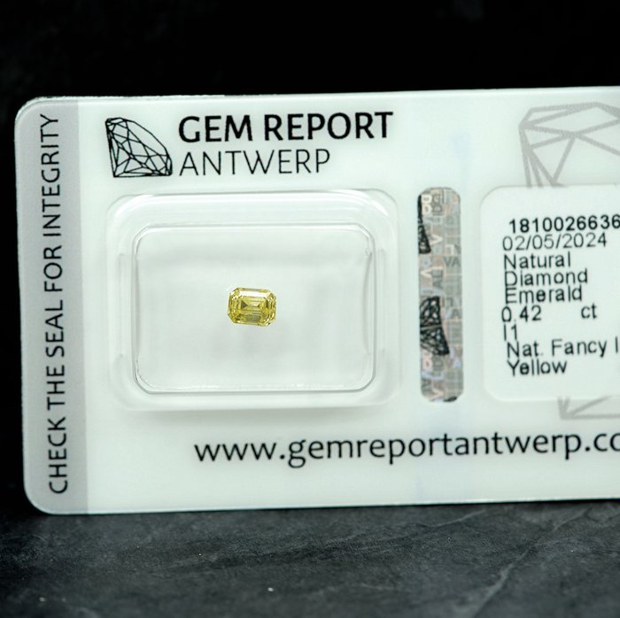 1 pcs Diamant  (Naturfarvet)  - 0.42 ct - Fancy intense Gul - I1 - Gem Report Antwerp (GRA)