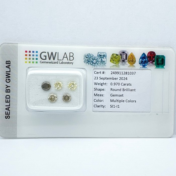 Ingen mindstepris - 5 pcs Diamant  (Naturfarvet)  - 0.97 ct - Rund Blandede farver - I1, SI1, SI2, SI3 - Gemewizard Gemological Laboratory (GWLab)