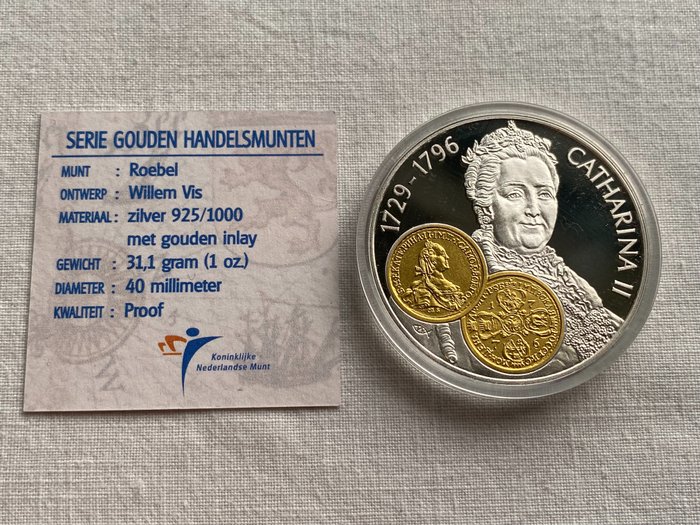 Hollandske Antiller. 10 Gulden 2001 Handelsmunt 'Catharina II' zilver met gouden inlay  (Ingen mindstepris)