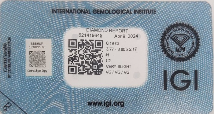 Ingen mindstepris - 1 pcs Diamant  (Natur)  - 0.19 ct - Rund - H - I2 - International Gemological Institute (IGI)