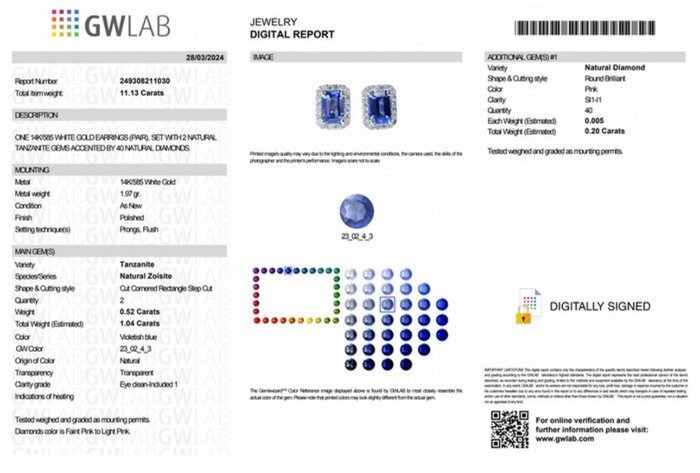 Øreringe - 14 karat Hvidguld -  0.20ct. tw. Tanzanit - Diamant