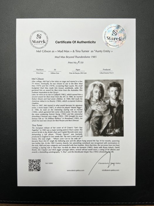 Mad Max Beyond Thunderdome - Mel Gibson as « Mad Max »  Tina Turner as "Aunty Entity » - Fine Art Photography - Luxury Wooden Framed 70X50 cm - Limited Edition Nr 03 of 30 - Serial ID 16865 - Original Certificate (COA), Hologram Logo Editor and QR Code - 100% New items.