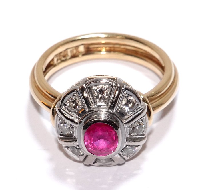 Ring - 18 kraat Gulguld Hvidguld -  082ct tw Rubin - Diamant