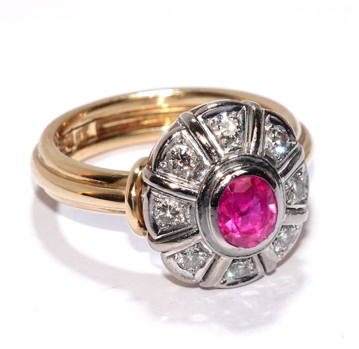 Ring - 18 kraat Gulguld Hvidguld -  082ct tw Rubin - Diamant