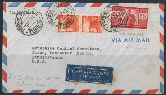 Den Italienske Republik  - Demokratisk 100 lire + 4 lire (par) på Aerogramma fra Torre Pellice 9.12.46 for U.S.A. - Sassone n. 554 + 565