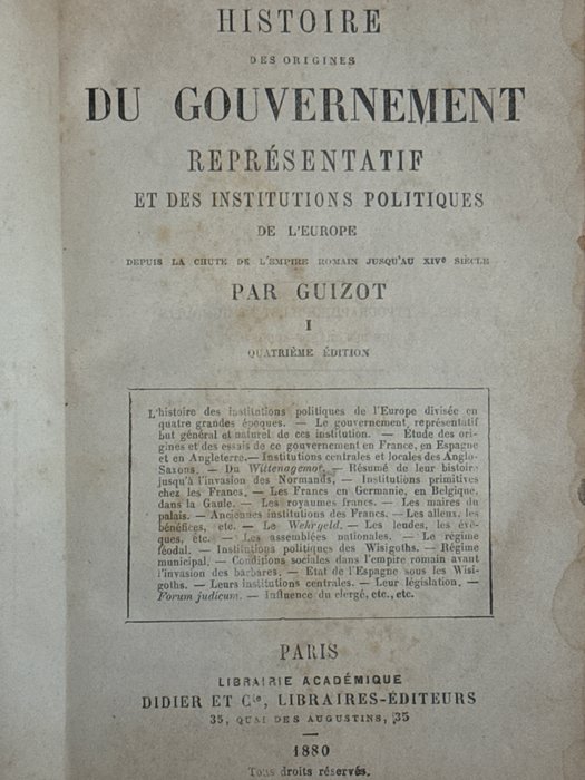 Par Guizot - Histoire Des Origines Du Gouvernememt ReprésentatifEt Des Institutions Politiques De L’Europe - 1880