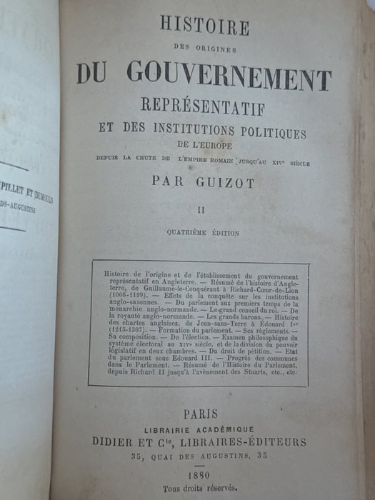 Par Guizot - Histoire Des Origines Du Gouvernememt ReprésentatifEt Des Institutions Politiques De L’Europe - 1880