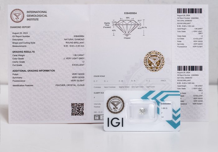 1 pcs Diamant  (Natur)  - 106 ct - Rund - J - I2 - International Gemological Institute (IGI) - Meget lysegrå