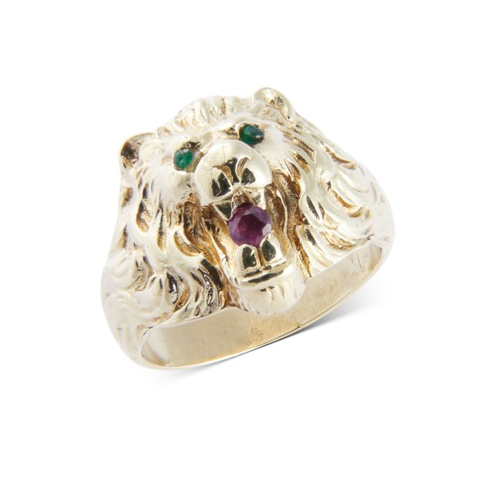 Ring - 14 karat Gulguld -  0.19ct. tw. Rubin - Smaragd - 14K Lion Men Ring RS 57