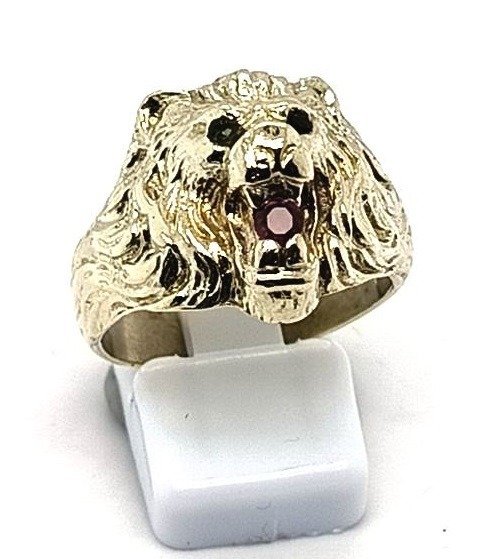 Ring - 14 karat Gulguld -  0.19ct. tw. Rubin - Smaragd - 14K Lion Men Ring RS 57