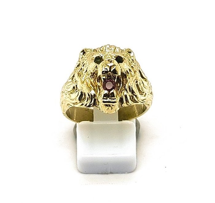 Ring - 14 karat Gulguld -  0.19ct. tw. Rubin - Smaragd - 14K Lion Men Ring RS 57