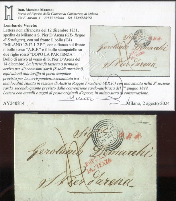 Italienske Antikke Stater - Lombardiet-Venetien 1851 - Postforbindelser mellem Lombardiet Veneto og Kongeriget Sardinien.