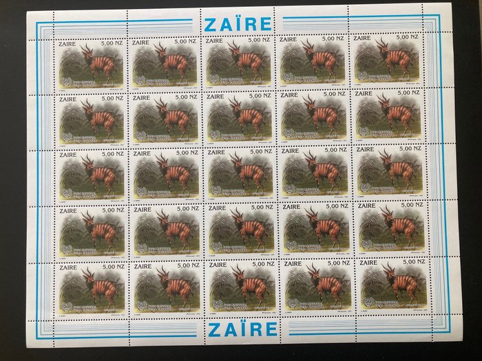 Zaire 1993 - Komplet serie i ark af 25: Vilde dyr - Garamba National Park - OBP/COB 1452/56 - ontwerp ANDRE BUZIN