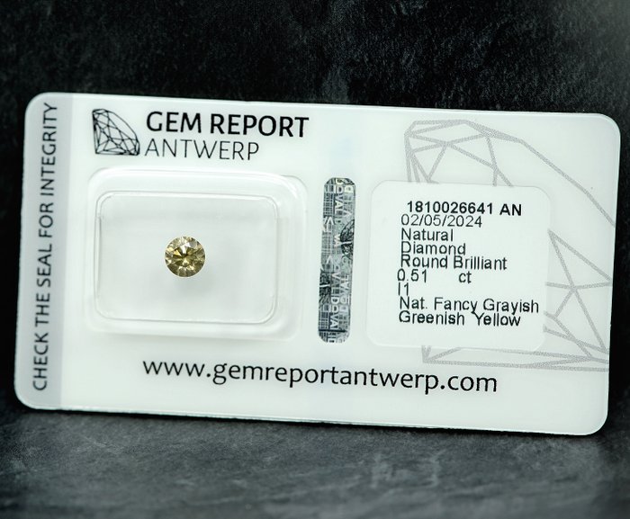 1 pcs Diamant  (Naturfarvet)  - 0.51 ct - Fancy Grålig, Grønlig Gul - I1 - Gem Report Antwerp (GRA)