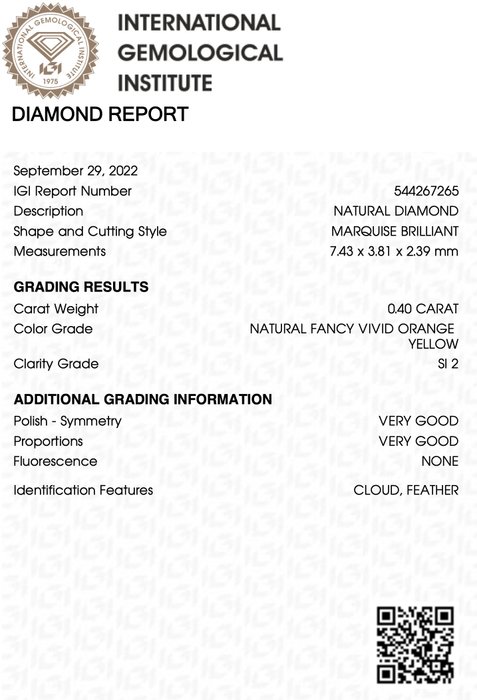 1 pcs Diamant  (Naturfarvet)  - 0.40 ct - Marquise - Fancy vivid Orange Gul - SI2 - International Gemological Institute (IGI)