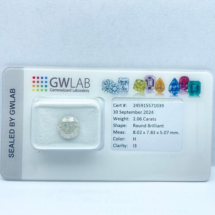 Ingen mindstepris - 1 pcs Diamant  (Natur)  - 2.06 ct - Rund - H - I3 - Gemewizard Gemological Laboratory (GWLab)