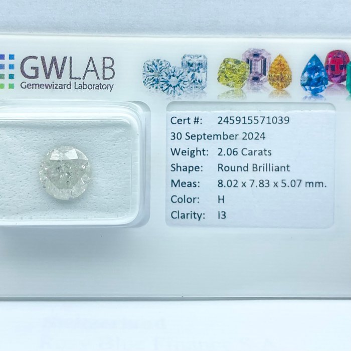 Ingen mindstepris - 1 pcs Diamant  (Natur)  - 2.06 ct - Rund - H - I3 - Gemewizard Gemological Laboratory (GWLab)