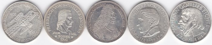 Tyskland, Forbundsrepublikken. First 5, Silver, BRD, 5 Mark Commemorative Coins, (5 Coins). (1951-1964)