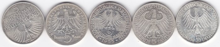 Tyskland, Forbundsrepublikken. First 5, Silver, BRD, 5 Mark Commemorative Coins, (5 Coins). (1951-1964)