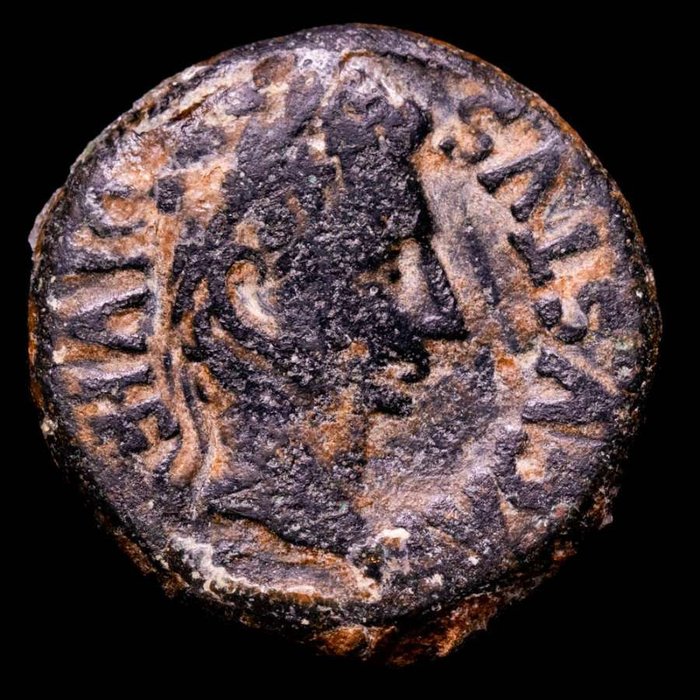 Hispania, Cartagonova. Augustus (27 BC-AD 14). Semis C VAR RVF SEX IVL POL II VIR Q. Simpulum aspergiullum, securis and apex,  (Ingen mindstepris)