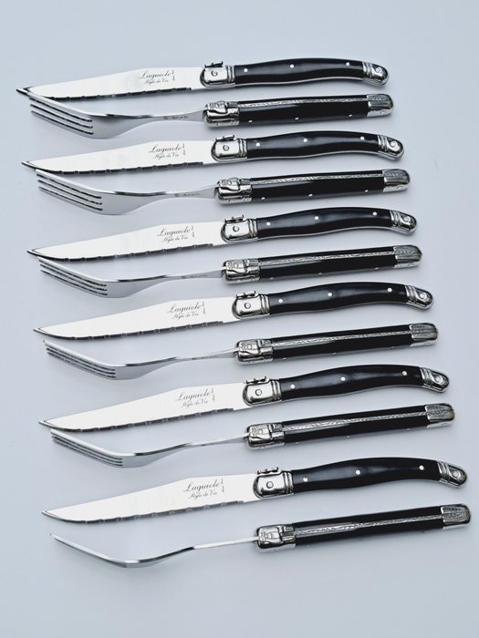 Laguiole - 6x Forks  6x Knives - Black - Steak style de - Bestik sæt (12) - Rustfrit stål