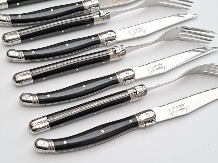 Laguiole - 6x Forks  6x Knives - Black - Steak style de - Bestik sæt (12) - Rustfrit stål