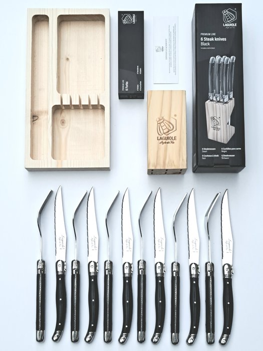 Laguiole - 6x Forks  6x Knives - Black - Steak style de - Bestik sæt (12) - Rustfrit stål