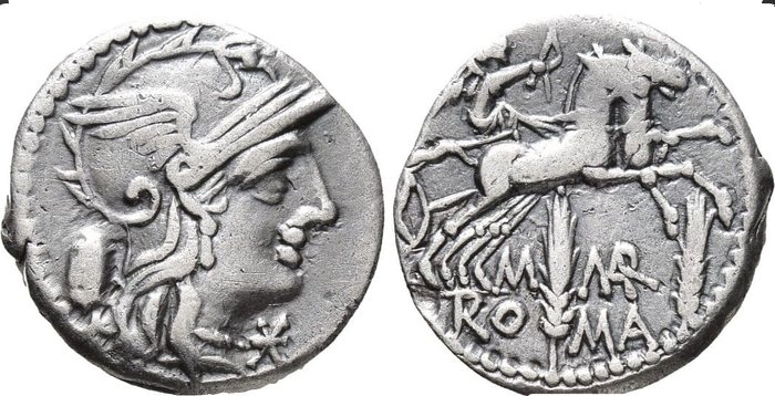 Romerska republiken M Marcius Mnf 134 BC Denarius