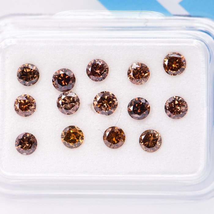 Ingen mindstepris - 14 pcs Diamant  (Naturfarvet)  - 1.05 ct - Rund - Fancy deep Gul Brun - I1, SI2 - International Gemological Institute (IGI)