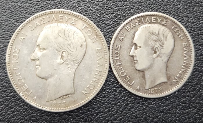 Grækenland. George I of Greece (1863-1913). A Pair (2x) of Old Greek Silver Coins, 1873-A Drachma  2 Drachmai  (Ingen mindstepris)