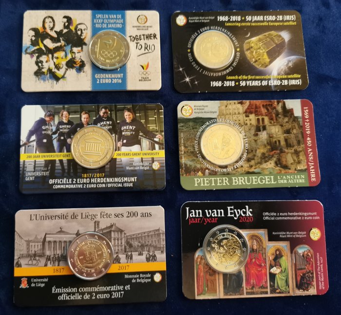 Belgien. 2 Euro 2016/2017/2017/2018/2019/2020 (6 Coincard FDC)  (Ingen mindstepris)