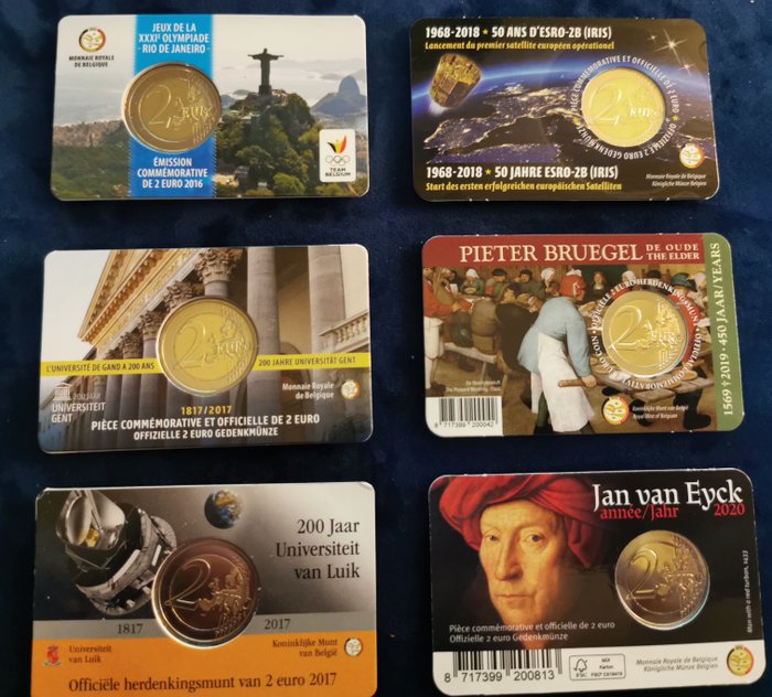 Belgien. 2 Euro 2016/2017/2017/2018/2019/2020 (6 Coincard FDC)  (Ingen mindstepris)