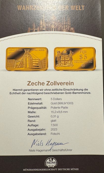 Fiji. 5 Dollars 2023 Zeche Zollverein, 1/100 Oz (.999) Proof  (Ingen mindstepris)