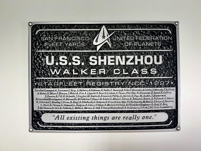 STAR TREK-RARE LIMITED COLLECTOR EDITION "U.S.S. SHENZHOU NCC-1227" DEDICATION PLAQUE - WALKER CLASS - "All existing things are really one." - PRODUCED BY : CBS STUDIOS INC  PARAMOUNT PICTURES.