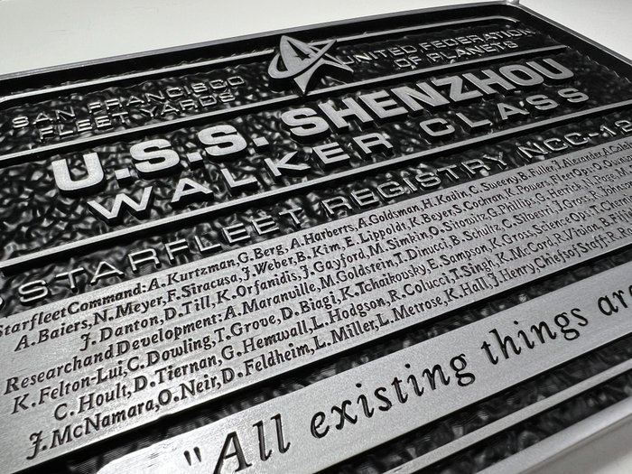 STAR TREK-RARE LIMITED COLLECTOR EDITION "U.S.S. SHENZHOU NCC-1227" DEDICATION PLAQUE - WALKER CLASS - "All existing things are really one." - PRODUCED BY : CBS STUDIOS INC  PARAMOUNT PICTURES.