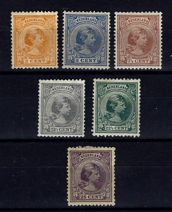 Holland 1891/1894 - Prinsesse Wilhelmina "hængende hår" - NVPH 34, 35, 36, 38, 41, 42