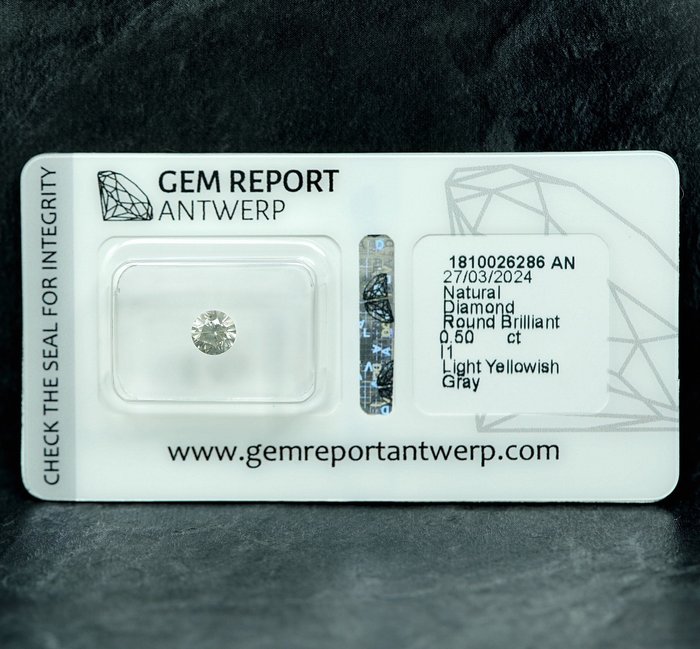 1 pcs Diamant  (Naturfarvet)  - 0.50 ct - Light Gullig Grå - I1 - Gem Report Antwerp (GRA)