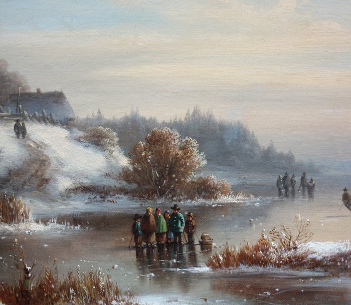 Anton Doll (1826 - 1887) - Winter village landscape with skaters on the frozen lake