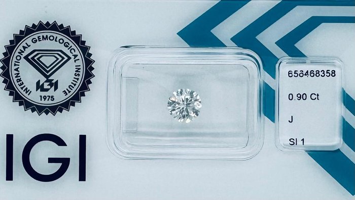 Ingen mindstepris - 1 pcs Diamant  (Natur)  - 0.90 ct - Rund - J - SI1 - International Gemological Institute (IGI)