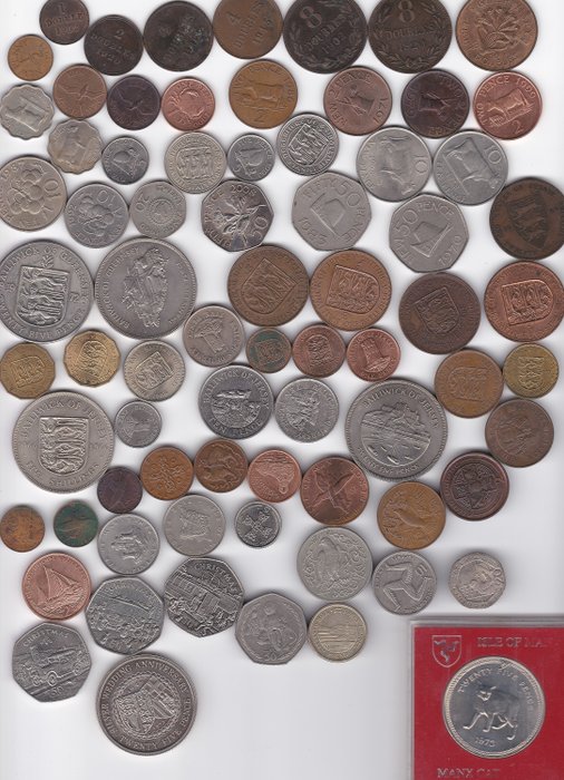 Isle of Man, Jersey og Guernsey. Extensive Type Collection (74), incl. Pre-Decimal  Many Commemorative Coins,  (Ingen mindstepris)