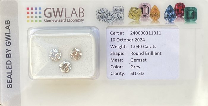 Ingen mindstepris - 3 pcs Diamant  (Natur)  - 1.04 ct - Rund - SI1, SI2 - Gemewizard Gemological Laboratory (GWLab) - Grå