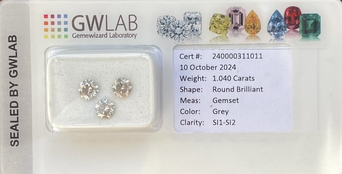 Ingen mindstepris - 3 pcs Diamant  (Natur)  - 1.04 ct - Rund - SI1, SI2 - Gemewizard Gemological Laboratory (GWLab) - Grå