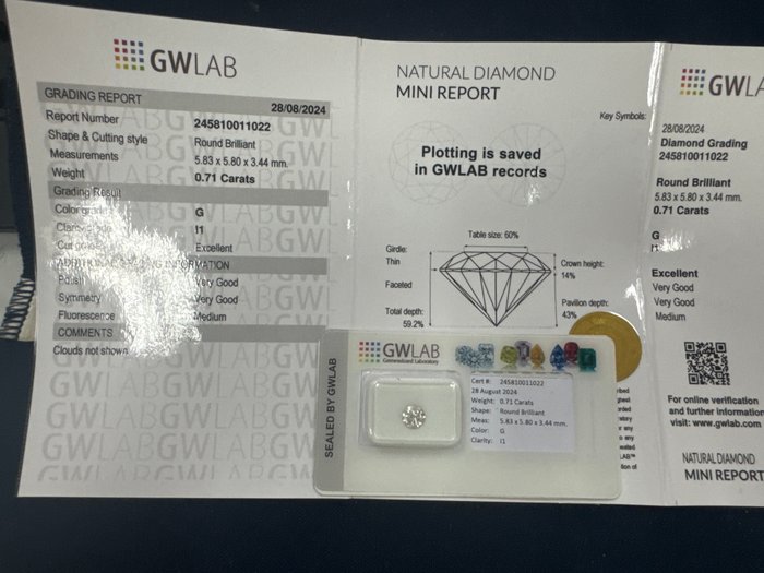 Ingen mindstepris - 1 pcs Diamant  (Natur)  - 0.71 ct - Rund - G - I1 - Gemewizard Gemological Laboratory (GWLab)