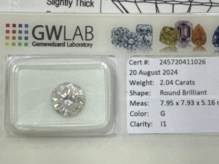 1 pcs Diamant  (Natur)  - 2.04 ct - Rund - G - I1 - Gemewizard Gemological Laboratory (GWLab) - 2,04ct G i1